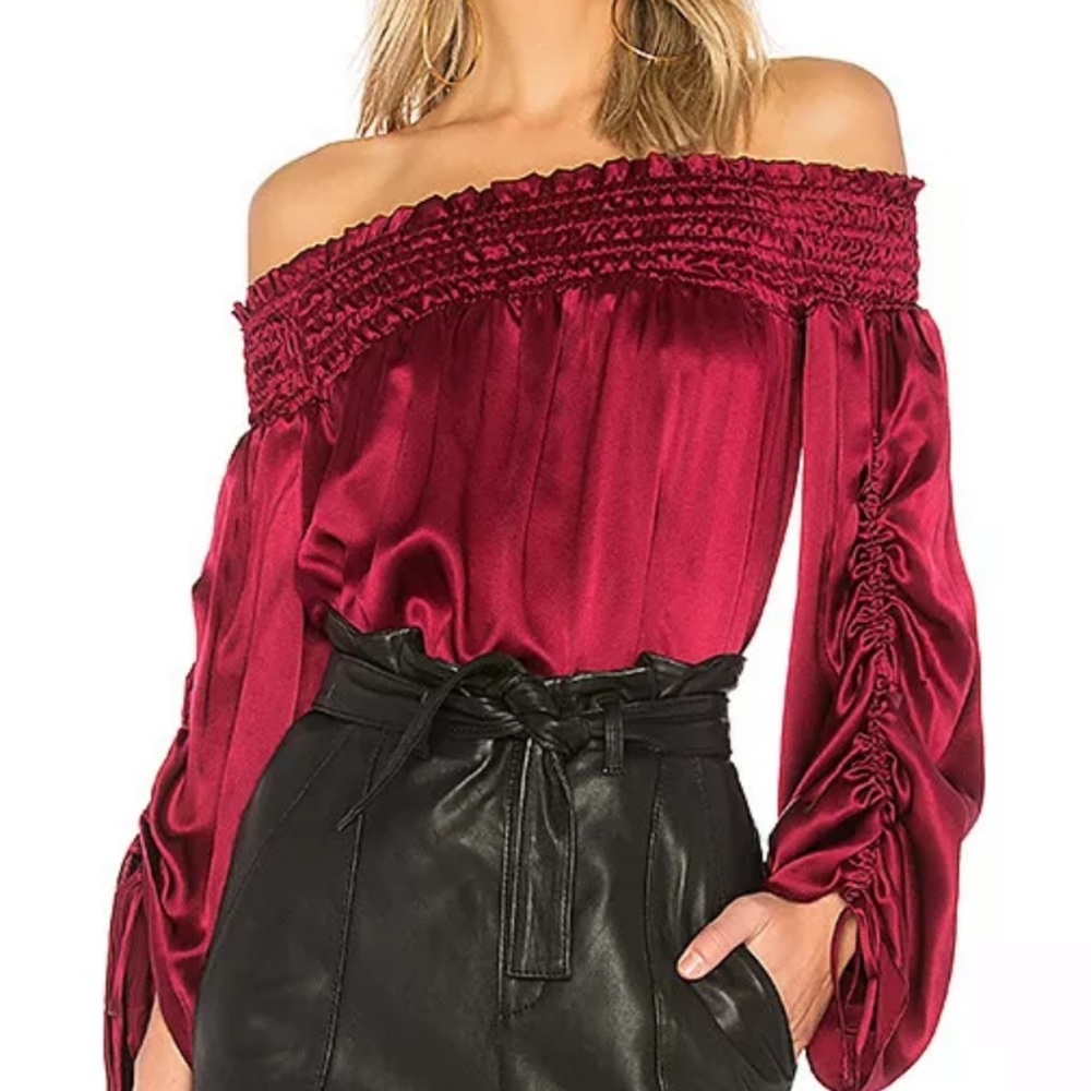 Parker Thatch Silk Ruched Sleeve Off Shoulder Top